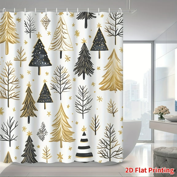 1pc Christmas Home Decor, Watercolor Creative Black and Golden Tree Cedar Forest Polyester Shower Curtain for Bathroom with Hooks, 72x72 inch