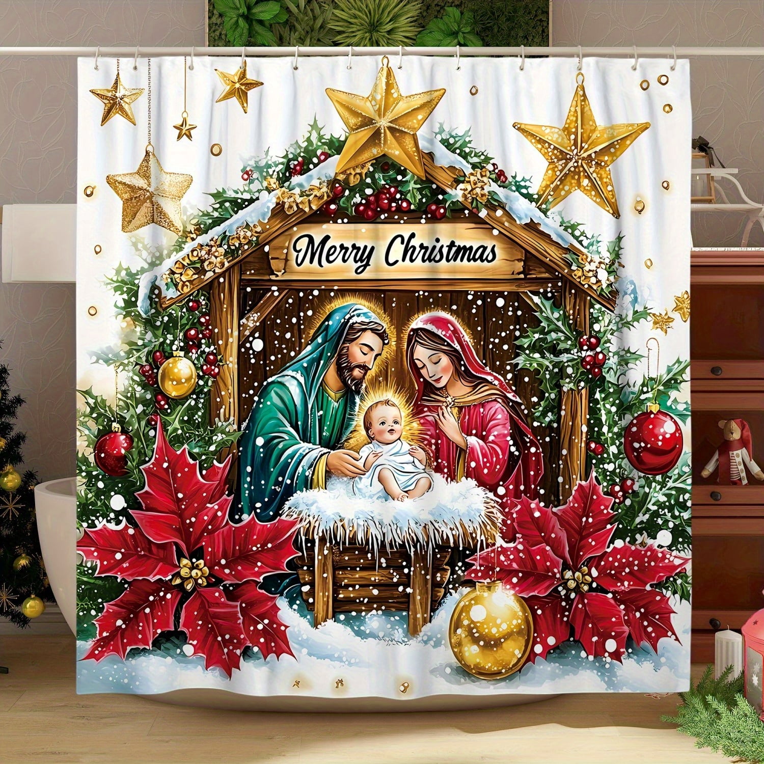 1pc Christmas Polyester Shower Curtain - Snowy Nativity Scene with Mary, Machine Washable, Holiday Bathroom Decor, Christmas Decorations 72x72 inch