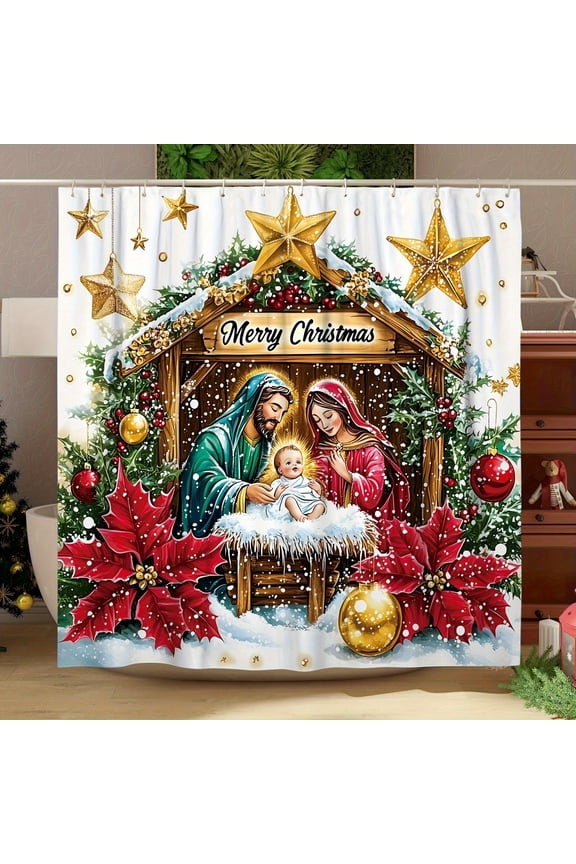 1pc Christmas Polyester Shower Curtain - Snowy Nativity Scene with Mary, Machine Washable, Holiday Bathroom Decor, Christmas Decorations 72x72 inch