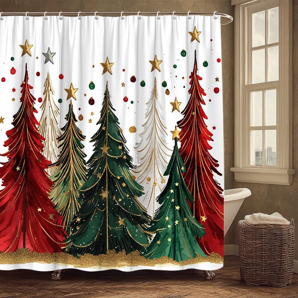 1pc Christmas Polyester Shower Curtains Festive Holiday Design with Colorful Christmas Trees and Stars Colorful Bath Curtain Set 72x72 inch with 12 Hooks for Bathroom Decoration
