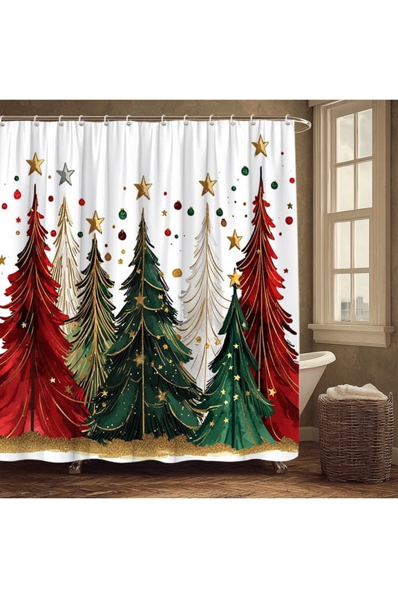 1pc Christmas Polyester Shower Curtains Festive Holiday Design with Colorful Christmas Trees and Stars Colorful Bath Curtain Set 72x72 inch with 12 Hooks for Bathroom Decoration