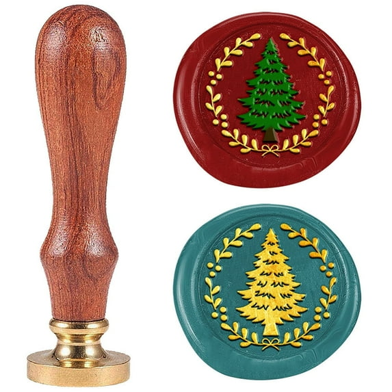 1pc Christmas Theme Wax Seal Stamp Set Golden Plated Sealing Wax Stamp Solid Brass Head with Retro Wood Handle for Envelopes Invitations Gift Card Pine Tree 83x22mm Head: 7.5mm Stamps: 25x14.5mm