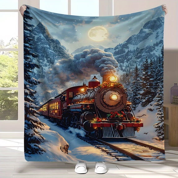 1pc Christmas Winter Train Journey Flannel Fleece Blanket, Soft Warm Throw, All-Season Travel Blanket for Bed, Sofa, Home Decor, Polyester, Digital Print, Vintage Style, Machine Washable