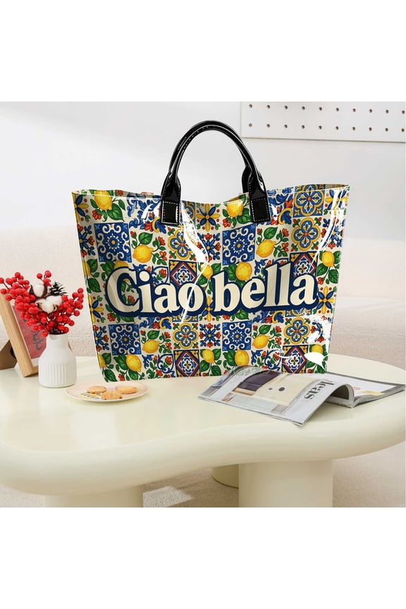 1pc Ciao Bella Text Lemon Azulejo Print Tote Bag, Daily Commute Weekend Outings Travel, Stylish Tote Bag, Thanksgiving & Christmas Gifts