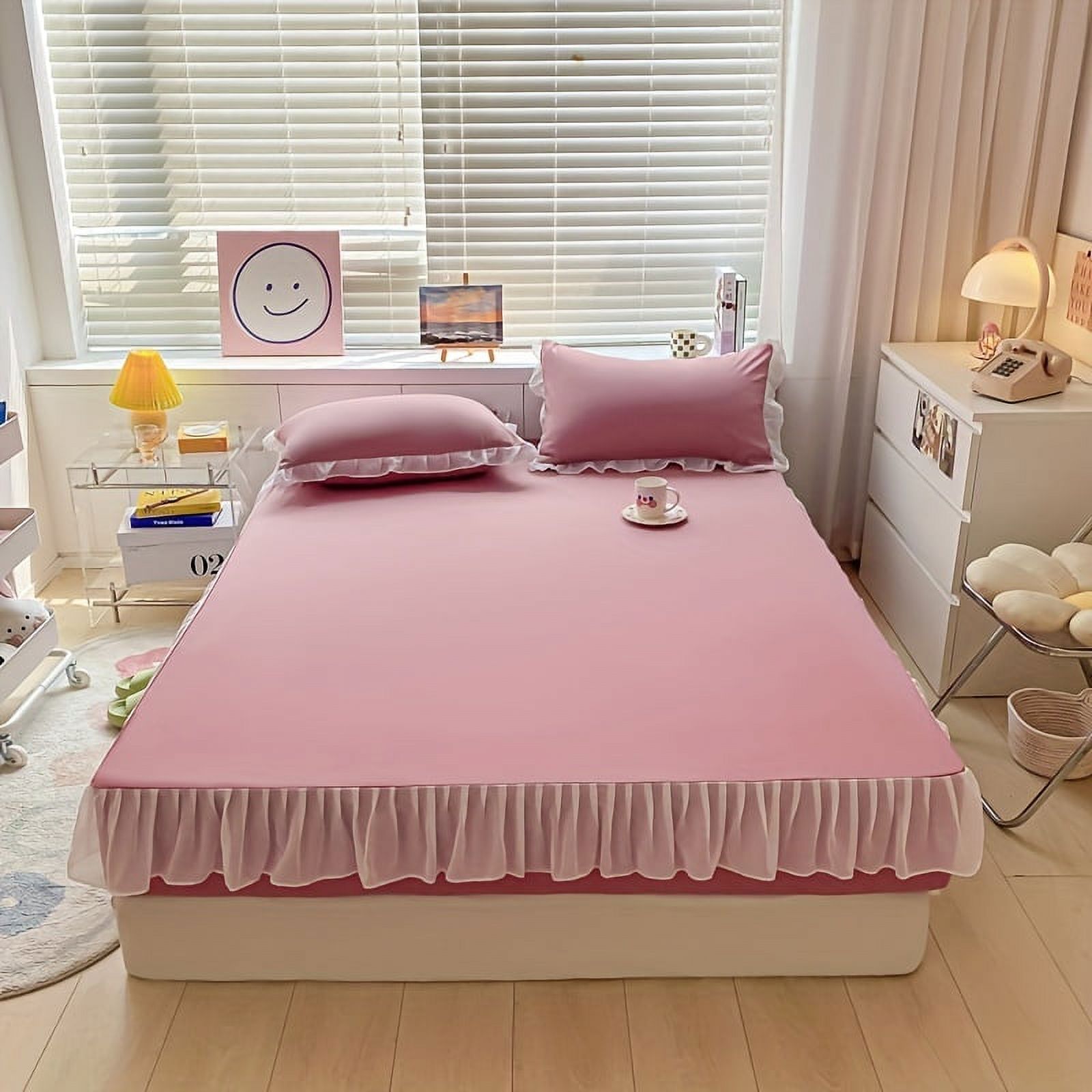 1pc Class A Chiffon Lace Fitted Sheet Bed Sheet Solid Color Fitted