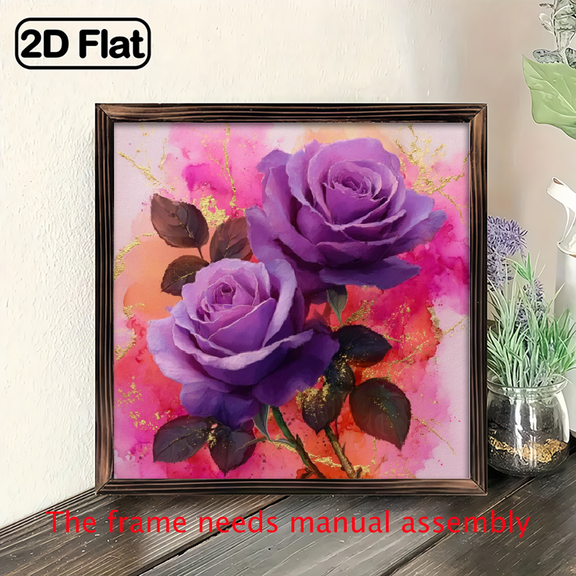 1pc Classic Charming Romantic Purple Rose Country Style Wooden Wall Art, 8x8 Inch, Spring Summer Autumn Indoor Decoration, Suitable for Home, Garden, Bathroom, Cafe, Garage Wedding Holiday Gift,