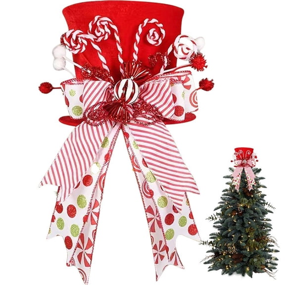 1pc Classic Christmas Tree Topper Hat With Candy Bar Bow Ribbon Decoration For Christmas Tree Or Table Decorating