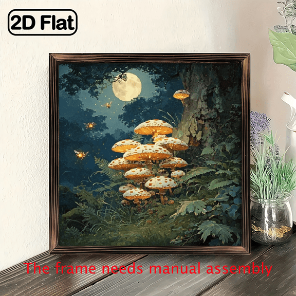 1pc, Classic Forest Mushroom Scene Wood Framed Sign Forest Fantasy Bees Flying Magical Moon Theme Wall Decoration Vintage Style Wall Decor for Bedroom, Home, Living Room, Halloween Gift, Autu