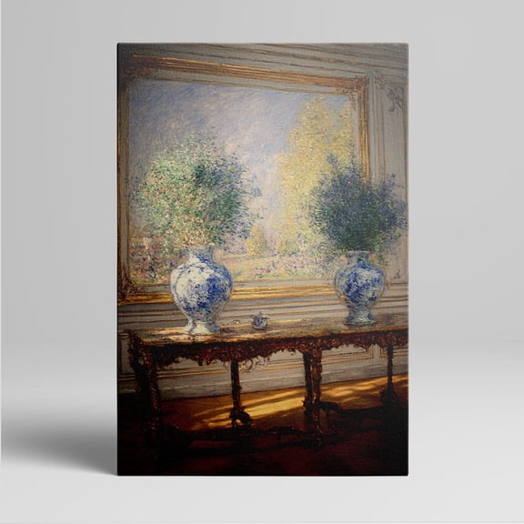1pc Classic French - style Canvas Wall Art with Two Blue - and - White Porcelain Vases on an Ornate Table, Featuring a Garden View Through a Large Window, Framed Decor room hanging Wall Picture