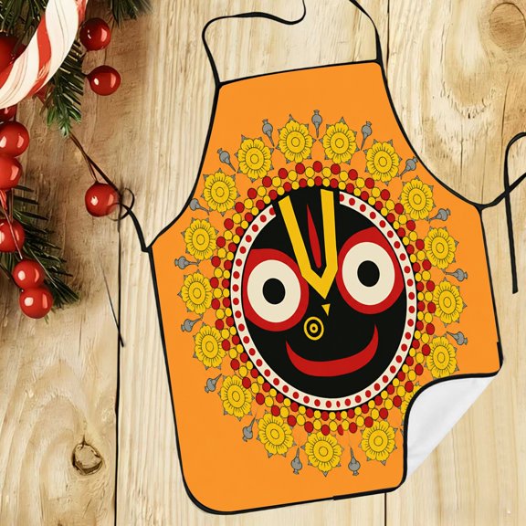 1pc Classic Hindu Deity Jagannath Folk Art 2D Printed Apron Orange Patterned Apron for Outdoor Grilling, Kitchen Baking, Rosh Hashanah Home Decor Gift