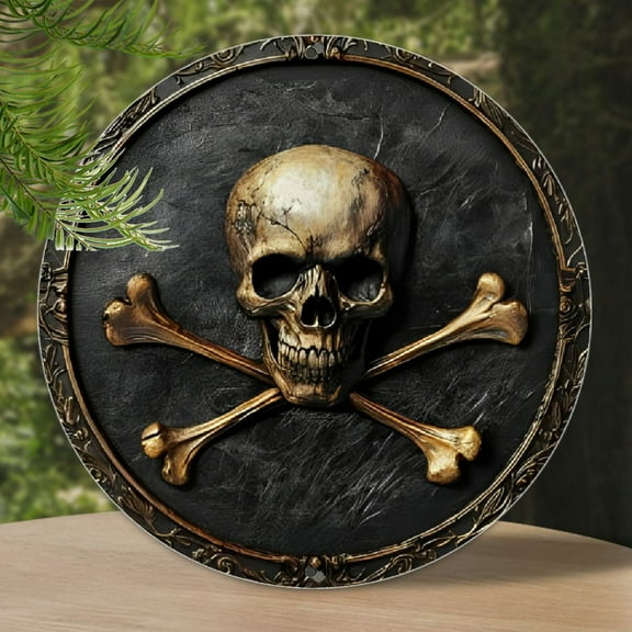 1pc Classic Pirate Skull and Crossbones Metal Wall Art Sign, 8x8 Inch Round Aluminum Decorative Plaque, Weather-Resistant, Easy to Hang, with Multipurpose Indoor/Outdoor Decor for Bar, Office