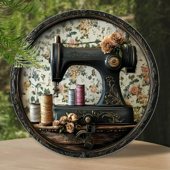 1pc Classic Vintage Sewing Machine Theme Round Aluminum Wall Sign, 8x8 Inch, Multipurpose Home & Office Decor, High-Definition 2D Print, Wall Hanging, No Electricity Needed, Ideal for Kitchen