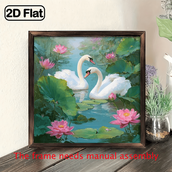 , 1pc Classic White Swans and for Lotus Flowers Romantic Wall Art 8x8 Inch Artificial Wood Frame Sign, Vintage Style Decor for Living Room, Bedroom, Office, Bathroom, Wedding No Electricity