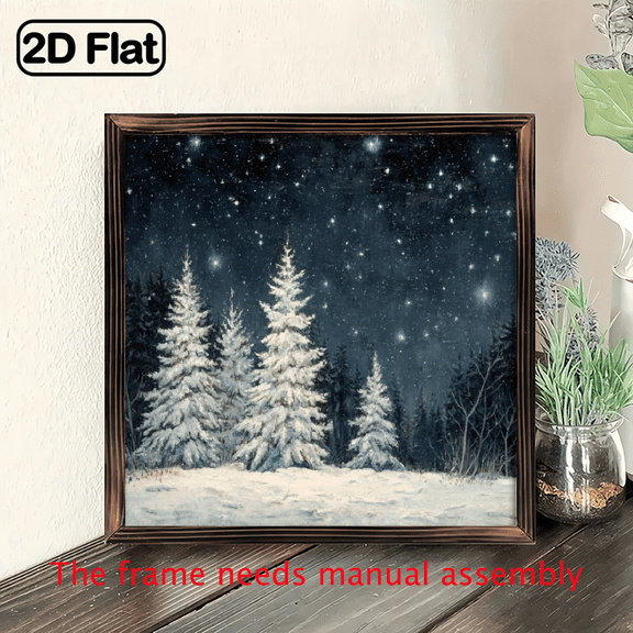 , 1pc Classic Winter Snowy Scene Wood Framed Sign Rustic Farmhouse Wall Hanging with Snowflakes, 8x8 Inch, Perfect for Christmas Decor, Home Bedroom, Ideal Holiday Gift, Christmas Decorations