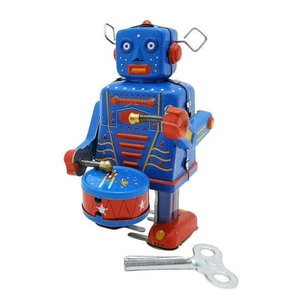 1pc Clockwork Drumming Robot Toy Tinplate Vintage Wind up Toy Childhood Memory Antique Toy