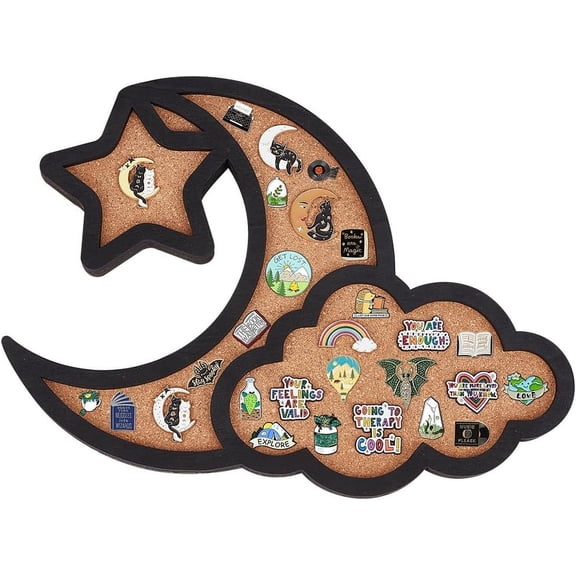 1pc Cloud Moon Pin Board Cork Board 12.4x10inch Star Bulletin Display Board Wall Mounted Board with Black Frame for Brooch Pin Storage Display Office Home School Decor Black