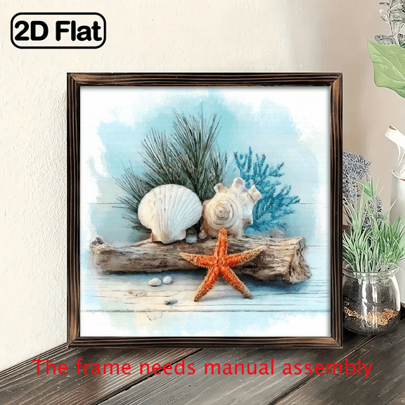 1pc Coastal Beach Scene Wooden Framed Wall Art - 8x8 Inch Seashell Starfish Decorative Plaque for Bathroom, Living Room, Bedroom - Easter, St Patrick's Day Home Decor Gift, Bedroom Decoration Beac