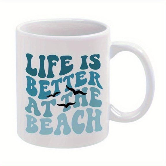 1pc Coastal Coffee Cup Beach Themed Ceramic Mug with Turquoise Life is Better at Beach Text Seagulls Design White Ceramic Cup Ocean Lovers Housewarming or Everyday Use Ideal Beachg