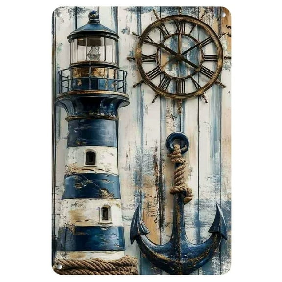 1pc Coastal Lighthouse & Compass Anchor Metal Tin Sign - Blue and White Nautical Wall Art for Home, Restaurant, Cafe, Bar, Garage Decor - Ready to Hang, 8x12 Inch, Iron, Rustic Maritime Theme