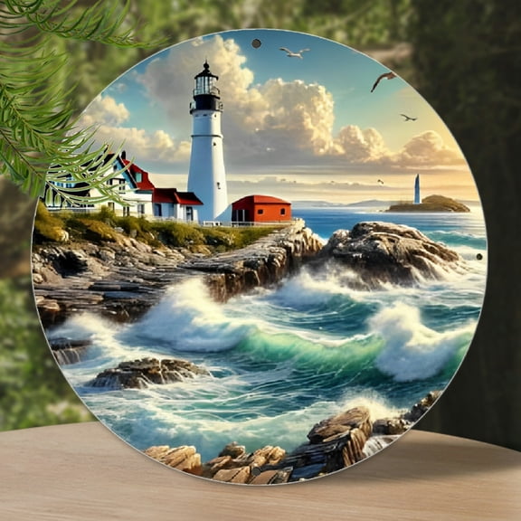 1pc Coastal Lighthouse Scene Metal Sign - Scenic Seaside Art Wall Decor, Home and Garden Accent, 20cm Round Plaque - For Home Decor Enthusiasts - Perfect Gift for Housewarming & Beach Lovers