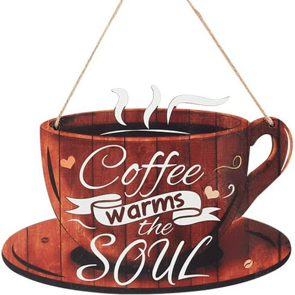 1pc Coffee Decor Sign Coffee Hanging Wall Sign Plaque Rustic Cafe Wall Decor with Word Coffee Warms The Soul