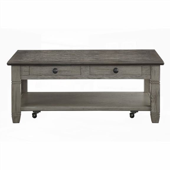 1pc Coffee and Antique Gray Finish Cocktail Table, 2 Drawers & Lower Shelf, Wooden Living Room Furniture with Casters
