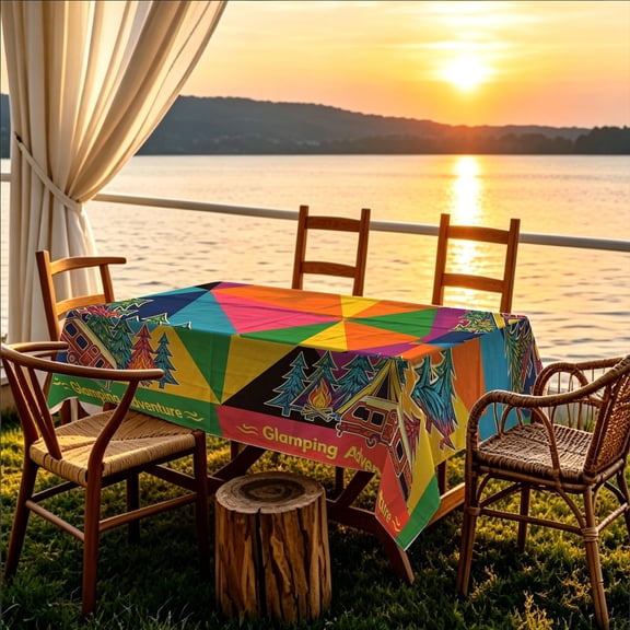 1pc Color Windmill Glamping Camping 2D Printed Tablecloth, Patio Weekend Kitchen Table Cover, Christmas Gift for Glampers & Outdoor Travel Lovers