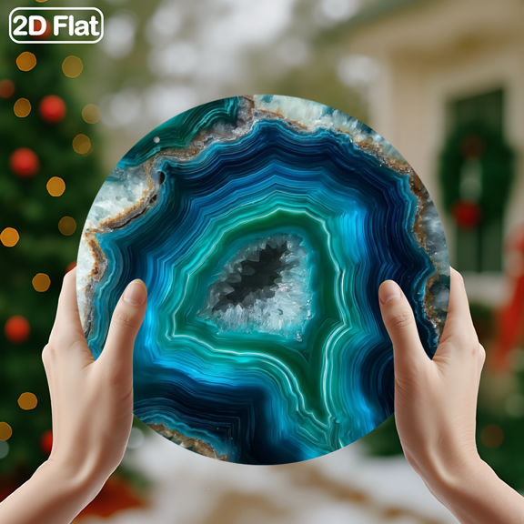1pc Colorful Agate Slice Abstract Wall Art, 8", Vintage Geode Design with Teal & Deep Blue Hues, Metal Sign for Home, Office, Garden, Room Decor, Cafes, or Gift, Unique 2D Flat Wall Decor