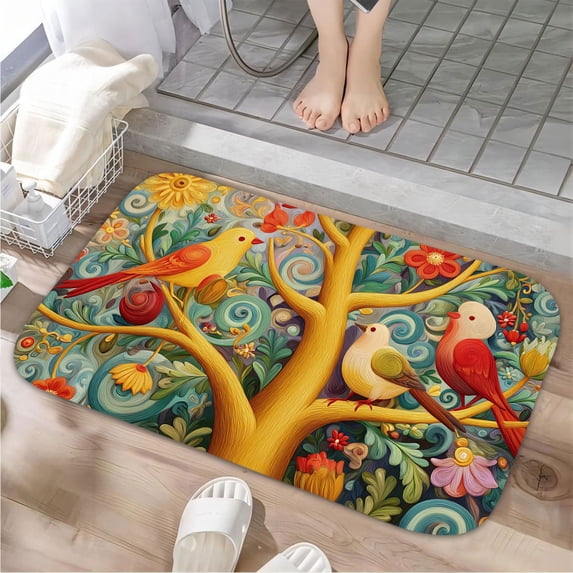 1pc Colorful Birds on a Tree Absorbent Non-Slip Bathroom Thickened Flannel Rug Decor,Soft,Quick Drying,Suitable For Indoor/outdoor Use,Bathrooms,Bedrooms,Kitchens,Terrace,Laundry Rooms,16"x24"