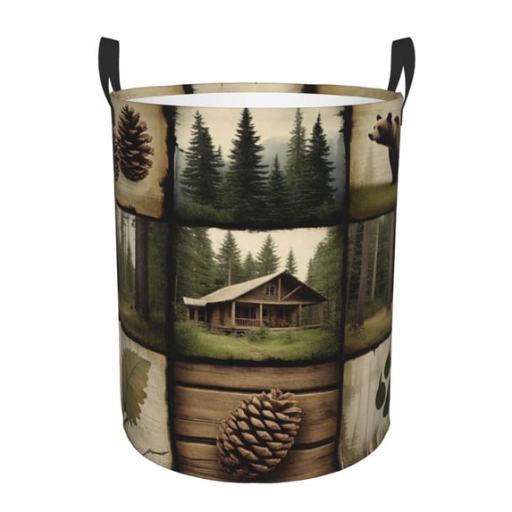 Round Clothes Hamper with Bear, Pine Trees, Laundry Room, Home Decor - Farmhouse Organization Bin, Natureinspired Pattern, Reinforced Handles, Nature Enthusiasts, Laundry Baskets