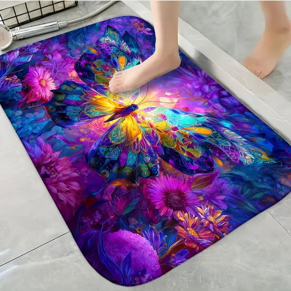 1pc Colorful Butterfly Absorbent Non-Slip Bathroom Thickened Flannel Rug Decor,Soft,Quick Drying,Suitable For Indoor/outdoor Use,Bathrooms,Bedrooms,Kitchens,Terrace,Laundry Rooms,16"x24"