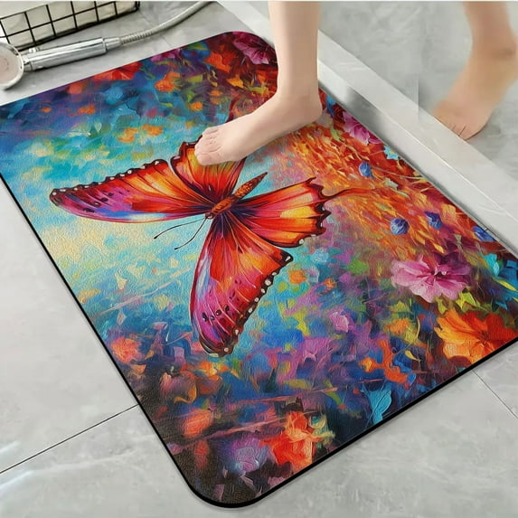 1pc Colorful Butterfly in Floral Bathroom Rug Bathroom Decor and Accessories- Durable,Anti Slip,And Quick Drying,Suitable For Indoor/outdoor Use - Perfect For Bathrooms,Bedrooms,Kitchens
