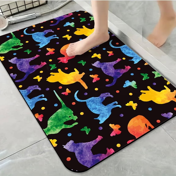 1pc Colorful Cats and Butterflies Bathroom Rug Bathroom Decor and Accessories- Durable,Anti Slip,And Quick Drying,Suitable For Indoor/outdoor Use - Perfect For Bathrooms,Bedrooms,Kitchens
