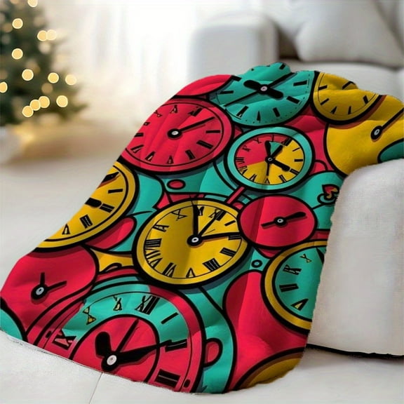 1pc Colorful Clock Print Flannel Blanket - Contemporary All-Season Soft Throw with Vibrant Mixed Colors, Unique Gift for Women & Men, Home Decor, Cozy Texture