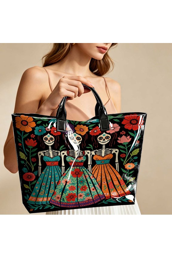 1pc Colorful Dia de los Muertos Skeleton Musician 2D Printed Tote Bag, Top Handle Tote for Weekend Outings Daily Commute, Unique Holiday Gift Ideal for Day of The Dead Themed Party
