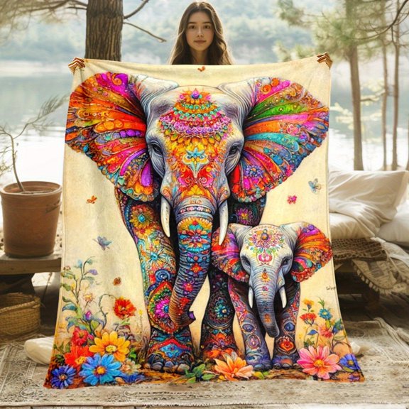 1pc Colorful Elephant Family Blanket- Lightweight Throw for Sofa, Outdoor, Camping, Livingroom, Office, Chair, and Bed - Digital Printing Soft and Warm Flannel Blanket Warm Winter Warmth