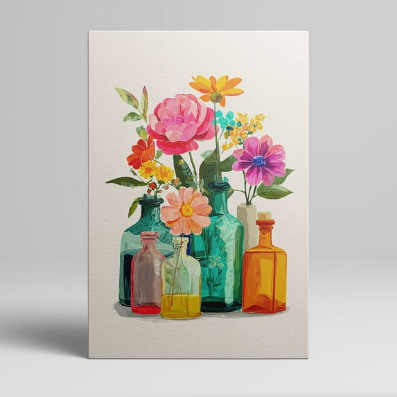 1pc Colorful Floral Arrangement in Vintage Glass Bottles Framed Decor room hanging Wall Picture Decor for Home Gifts, living room, bathroom, bedroom, kitchen wall art decor canvas wall art