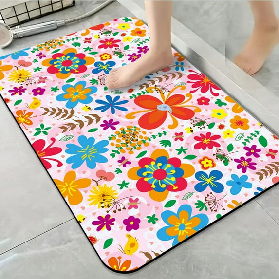 1pc Colorful Floral and Insect Motif Bathroom Rug Bathroom Decor and Accessories- Durable,Anti Slip,And Quick Drying,Suitable For Indoor/outdoor Use - Perfect For Bathrooms,Bedrooms,Kitchens