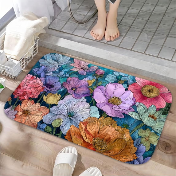 1pc Colorful Flowers Absorbent Non-Slip Bathroom Thickened Flannel Rug Decor,Soft,Quick Drying,Suitable For Indoor/outdoor Use,Bathrooms,Bedrooms,Kitchens,Terrace,Laundry Rooms,16"x24"