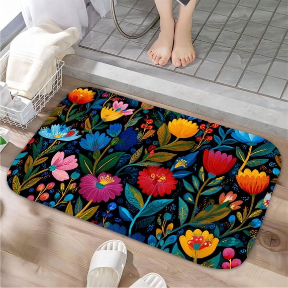 1pc Colorful Flowers Pattern Absorbent Non-Slip Bathroom Thickened Flannel Rug Decor,Soft,Quick Drying,Suitable For Indoor/outdoor Use,Bathrooms,Bedrooms,Kitchens,Terrace,Laundry Rooms,16"x24"