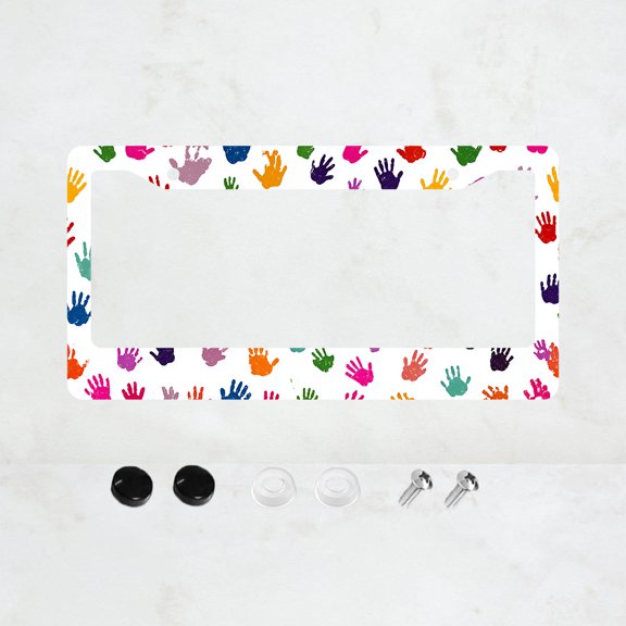 1pc Colorful Handprint 2 Hole License Plate Frame, Multicolor Pattern, Aluminum Material, 6x12 Inches, with Screw Set, Cartoon Fun Car Decoration Gift, Standard Universal Size for US License Plates