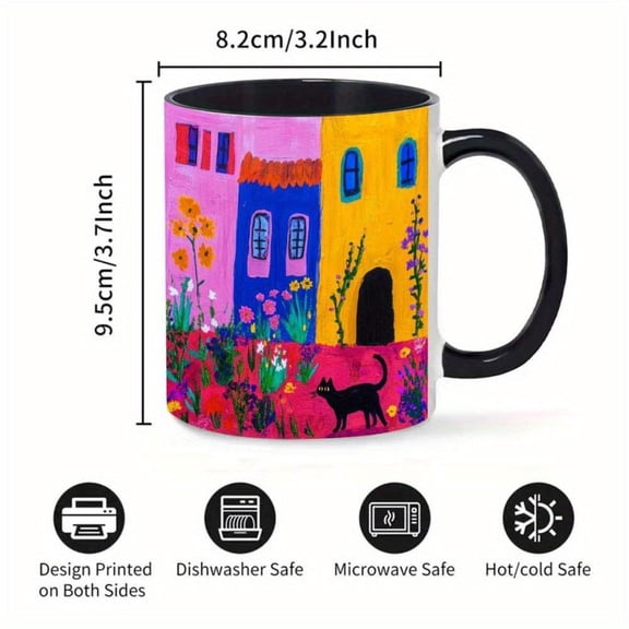 1pc Colorful House Oil Painting Mug 11oz Reusable Coffee Cup Hot Cold Drinks Vibrant Art Design Halloween Christmas Easter Thanksgiving Parties Home Office Camping Use