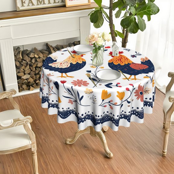 1pc Colorful Rooster Floral Print Round Table Cover, Garden Party Farmhouse Tablecloth, Durable Cover for Brunch Small Celebration Parties, 35/49/60/71 Inch
