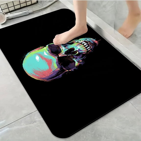 1pc Colorful Skull on Black Background Bathroom Rug Bathroom Decor and Accessories- Durable,Anti Slip,And Quick Drying,Suitable For Indoor/outdoor Use - Perfect For Bathrooms,Bedrooms,Kitchens