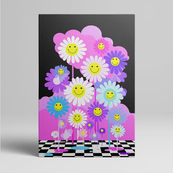 1pc Colorful Smiling - Daisy Canvas Wall Art with a Retro Vibe and Checkerboard Base, Framed Decor room hanging Wall Picture Decor for Home Gifts, living room, bathroom, bedroom, kitchen wall art