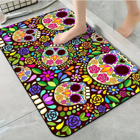 1pc Colorful Sugar Skull Bathroom Rug Bathroom Decor and Accessories- Durable,Anti Slip,And Quick Drying,Suitable For Indoor/outdoor Use - Perfect For Bathrooms,Bedrooms,Kitchens