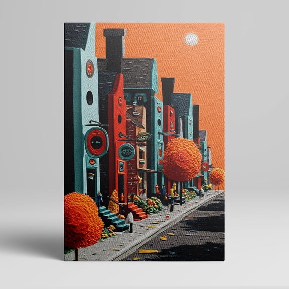 1pc Colorful Urban Street - Scene Canvas Wall Art with Retro - style Buildings and Vibrant Orange Trees, framed Decor room hanging Wall Picture Decor for Home Gifts, living room, bathroom, bedroom,