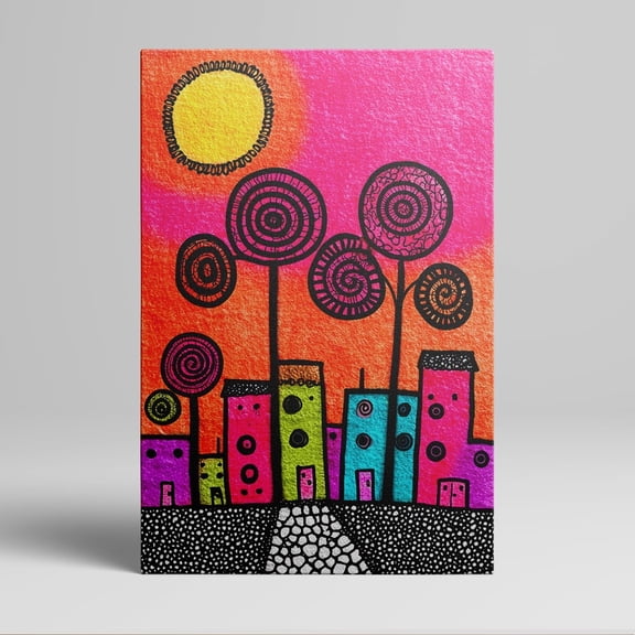 1pc Colorful Whimsical Town Canvas Wall Art with Swirly Trees and Setting Sun, framed Decor room hanging Wall Picture Decor for Home Gifts, living room, bathroom, bedroom, kitchen wall art decor