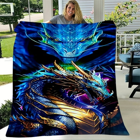 1pc Comfortable Cartoon Cool Blue Dragon Fleece Patterned Throw Blanket, Stylish, Soft & Warm, All-Season Multi-Purpose Gift, Perfect for Sofa, Bed