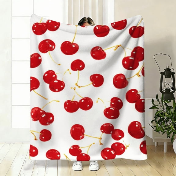 1pc Comfortable Cherry Pattern Flannel Blanket - Soft And Warm All-Season Modern Throw for Sofa, Bed, Car, Camping, Office, Featuring Red Cherries on a White Background.